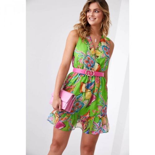 Light patterned dress with a green and pink belt