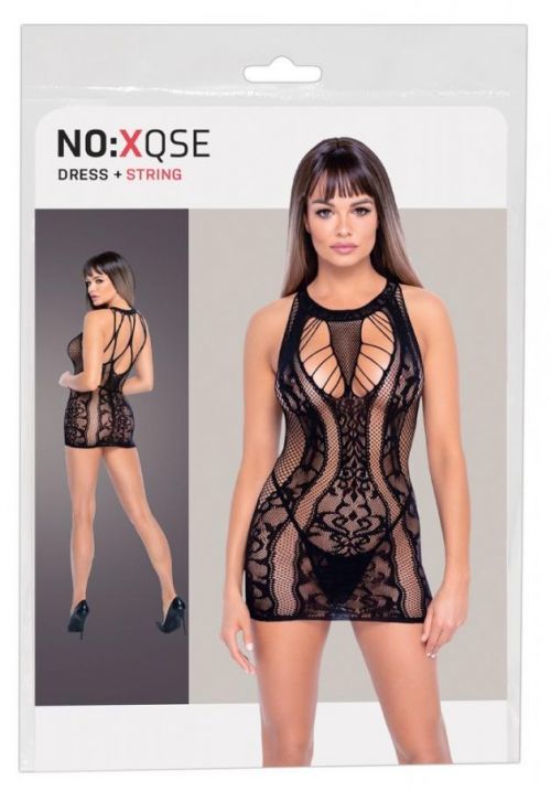NO: XQSE - lace pattern fishnet mini dress (black)