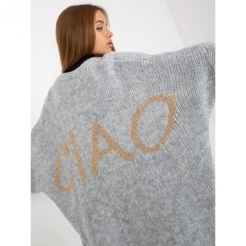 Gray loose cardigan with OH BELLA inscriptions on the back