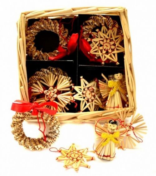 Anděl Slaměné ozdoby v košíku 16 ks - 2205