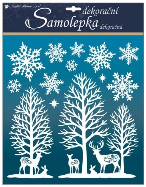 Anděl Samolepky bílé s glitry 38x31 cm, lesík s vločkami 1033