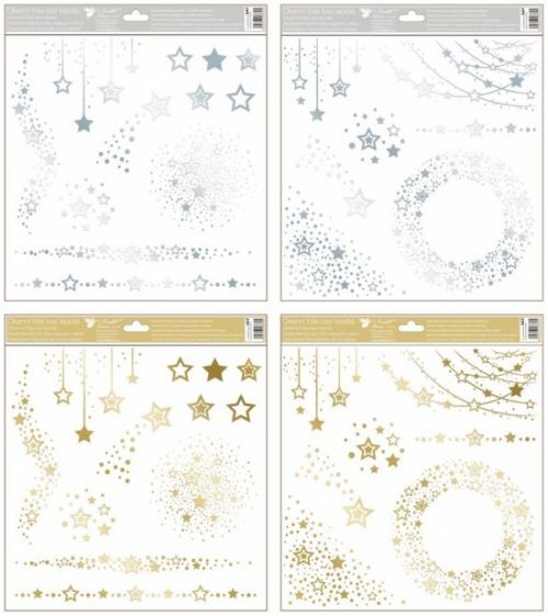 Anděl Okenní fólie z lesklé fólie 30 x 33,5 cm, zlaté/stříbrné motivy z hvězdiček 247