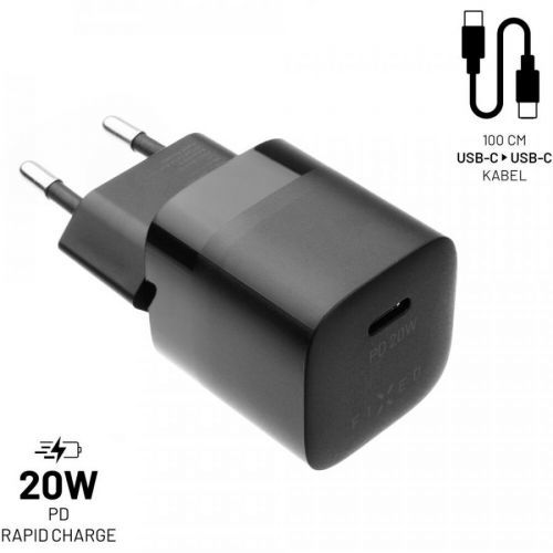 FIXED Set síťové nabíječky Mini s USB-C výstupem a USB-C/USB-C kabelu, podpora PD, 1 metr, 20W FIXC20M-CC-BK, černý