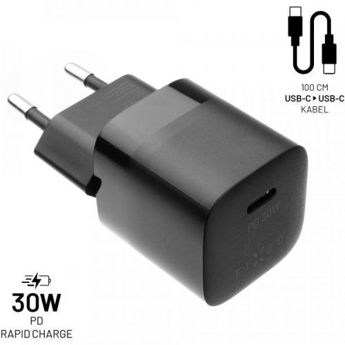 FIXED Set síťové nabíječky Mini s USB-C výstupem a USB-C/USB-C kabelu, podpora PD, 1 metr, 30W FIXC30M-CC-BK, černý