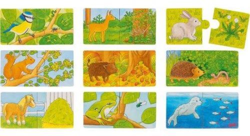 GOKI Dřevěné puzzle dvojice Zvířátka a jejich potrava 9x2 dílků