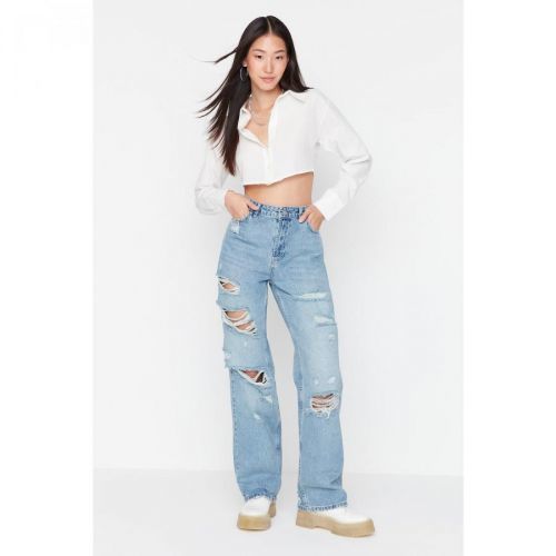 Trendyol Blue Ripped Low Waist Wide Leg