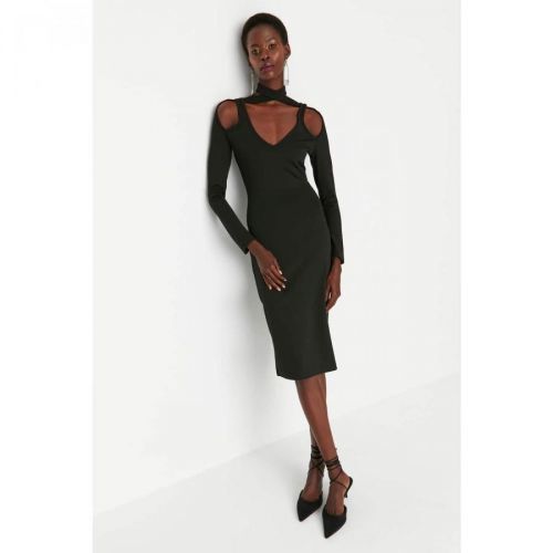 Trendyol Black Asymmetrical Collar Detailed Knitted Dress