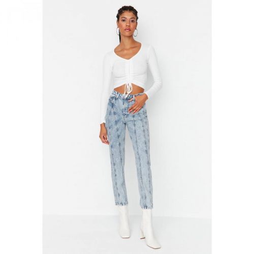 Trendyol Light Blue High Waist Straight Jeans with Stitching Detail