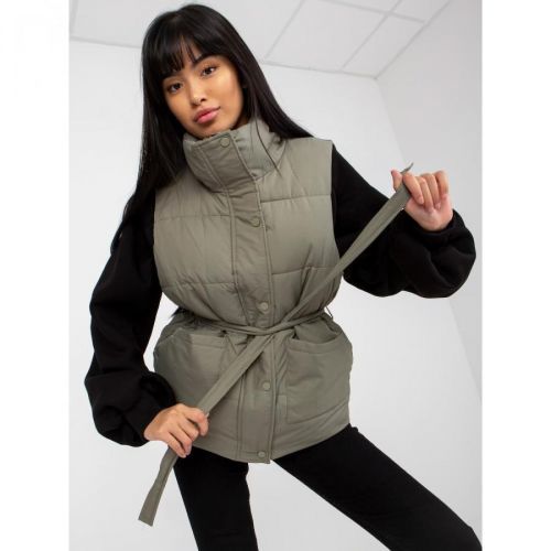 Khaki down vest with belt and pockets