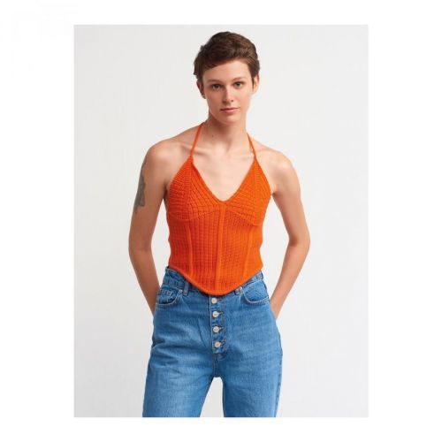 Dilvin 10142 Lace-up Neck Knitwear Singlet-orange