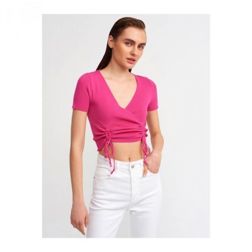 Dilvin 10194 Double Breasted Collar Front Pleated Knitwear Crop-fuchsia