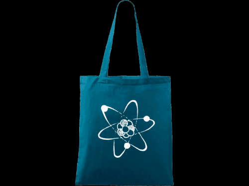 Ručně malovaná menší plátěná taška - Atom Barva tašky: PETROLEJOVÁ, Barva motivu: BÍLÁ