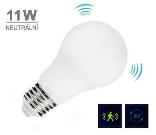 LED21 LED žárovka E27 11W s mikrovlným soumrakovým a pohybovým senzorem, CCD, 1055lm Neutrální bílá