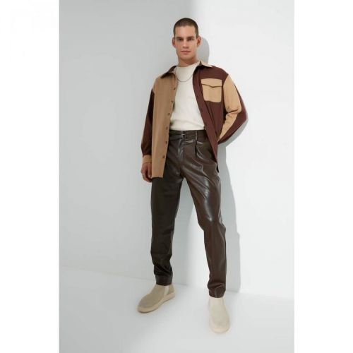 Trendyol Brown Men's Baggy Fit Belt Buckle Pleated PU Trousers