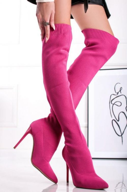 Fuchsiové kozačky nad koleno na tenkém podpatku Moa