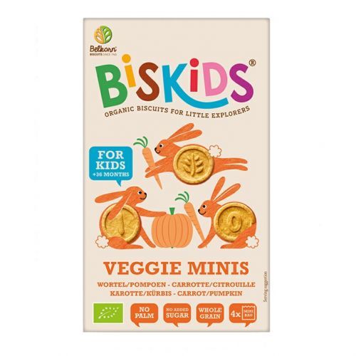 BISkids - BIO dětské celozrnné mini sušenky s mrkví a dýní bez přidaného cukru 36M+, 120g