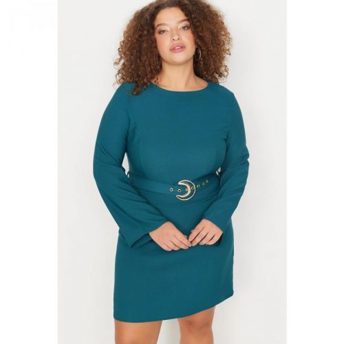 Trendyol Curve Emerald Green Belted Woven Dress