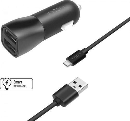 FIXED Set autonabíječky s 2x USB výstupem a USB/microUSB kabelu, 1 metr, 15W Smart Rapid Charge, FIXCC15-2UM-BK černá