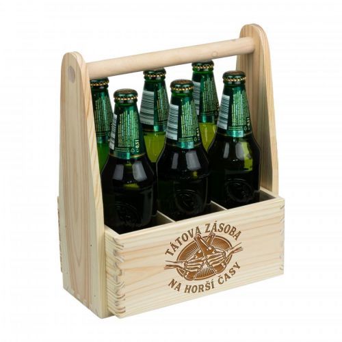FK Dřevěný nosič na pivo TÁTOVA ZÁSOBA NA HORŠÍ ČASY - 32x26x16 cm, Přírodní