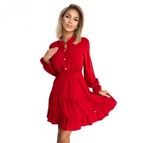 395-1 Dress with a neckline and golden buttons - RED