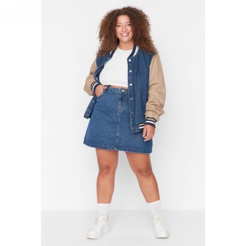 Trendyol Curve Blue High Waist A Shape Denim Skirt