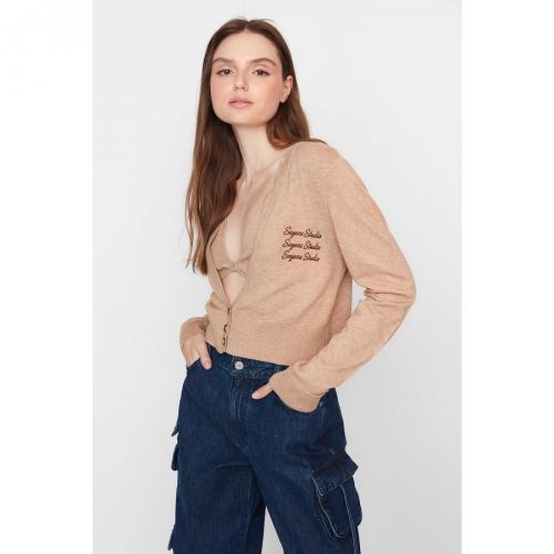 Trendyol X Sagaza Studio Light Brown Embroidery Detailed Knitwear Cardigan