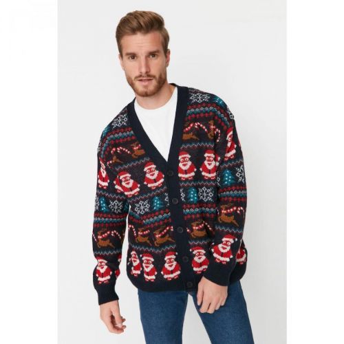 Trendyol Multicolor Men's Oversize Fit Wide Fit V-Neck Santa Claus Christmas Knitwear Cardigan