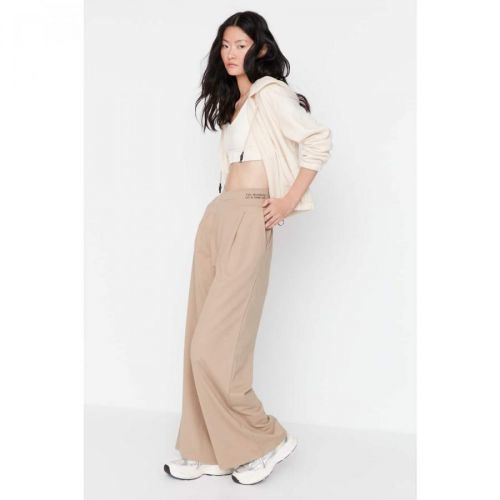 Trendyol Beige Print Detailed Wide Leg Knitted Trousers