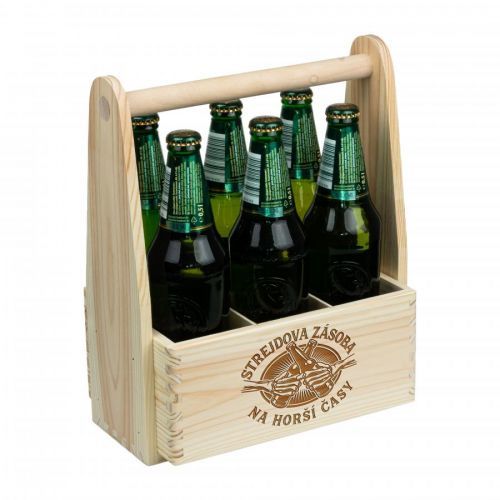 FK Dřevěný nosič na pivo STREJDOVA ZÁSOBA NA HORŠÍ ČASY - 32x26x16 cm, Přírodní