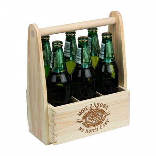 FK Dřevěný nosič na pivo MOJE ZÁSOBA NA HORŠÍ ČASY - 32x26x16 cm, Přírodní