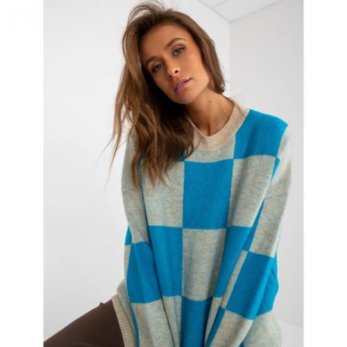 Oversized blue and beige checkered sweater for women
