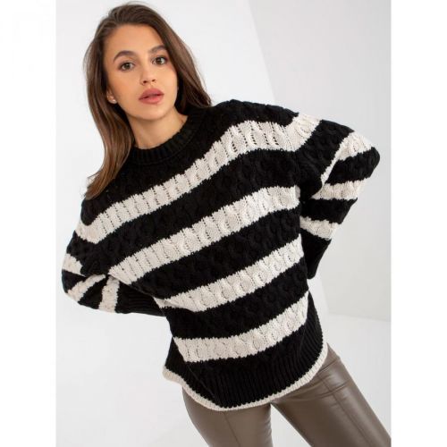 Black and ecru knitted oversize sweater with braids