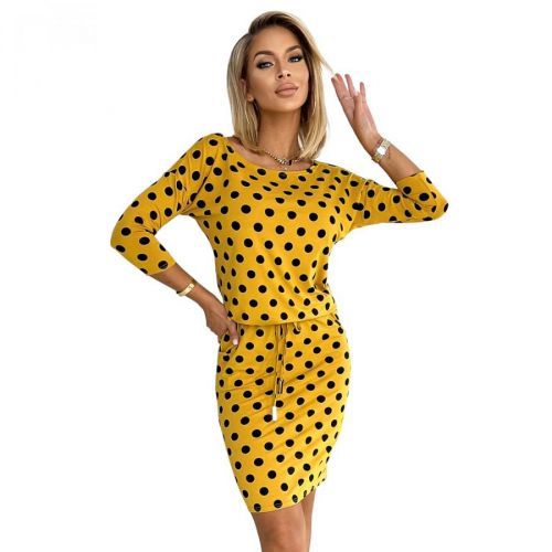 13-152 Sports dress with binding and pockets - MUSTARD with black polka dots