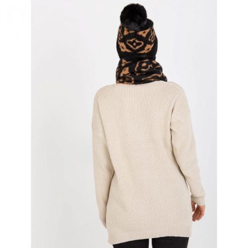 Women's black and camel winter hat with a pompom