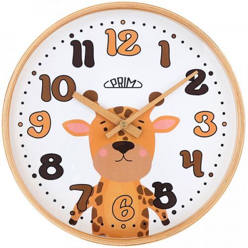 Nástěnné dětské hodiny Seti v dřevěnném provedení s motivem žirafy. Designováno a kompletováno v CZ.  E07P.4262 178564 PRIM Seti