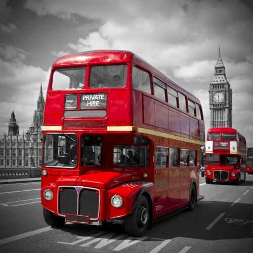 Melanie Viola Umělecká fotografie LONDON Red Buses on Westminster Bridge, Melanie Viola, (40 x 40 cm)