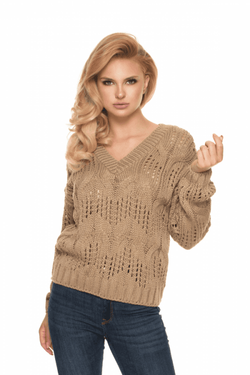 PeeKaBoo Dámský volný háčkovaný svetr s výstřihem do V Gardony cappuccino univerzální