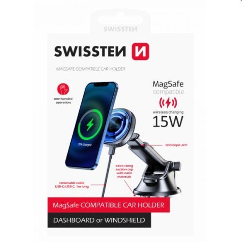 SWISSTEN MAGNETICKÝ DRŽÁK DO AUTA S BEZDRÁTOVÝM NABÍJENÍM 15W DASHBOARD (MagSafe compatible) 65010610