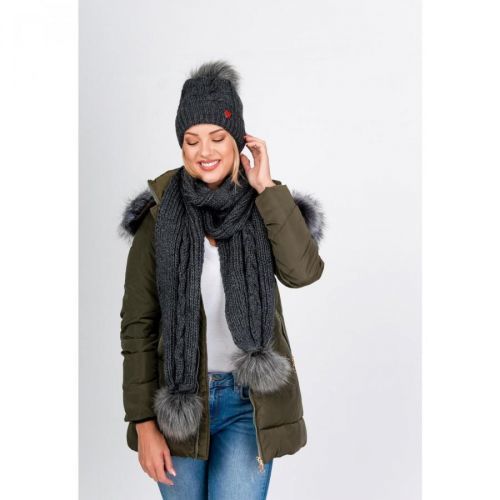 Women's winter set hat + scarf with pompoms - dark gray,