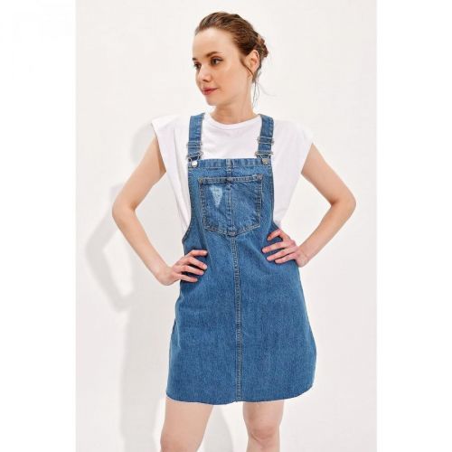 Trend Alaçatı Stili Women's Blue Strap Pocket Jean Salopet