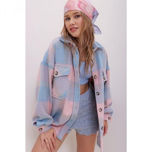 Trend Alaçatı Stili Women's Powder Checkered Cachet Cotton Oversize Jacket Shirt