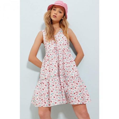 Trend Alaçatı Stili Women's Pink Front And Back V-Neck Floral Patterned Flounce Linen Linen Dress