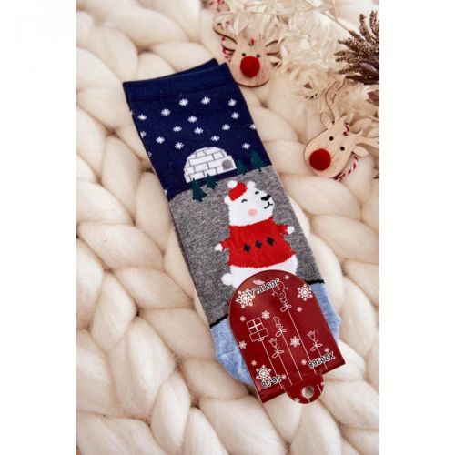 Women's Socks Christmas Patterns With Teddy Bear And Igloo Grey-Navy