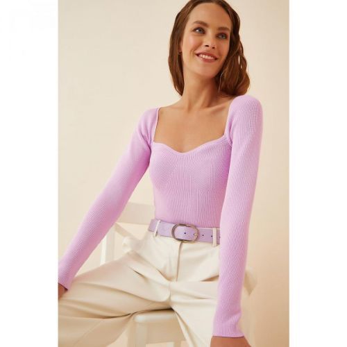 Happiness İstanbul Women's Lilac Heart Collar Corduroy Knitwear Sweater