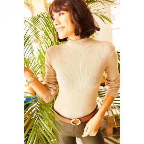 Olalook Women's Stone Half Fisherman Raised Camisole Sweater