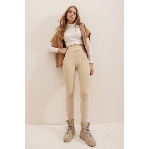 Trend Alaçatı Stili Women's Beige High Waist Ribbed Lycra Ottoban Leggings
