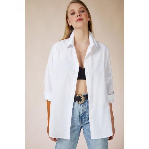 Happiness İstanbul Women's White Oversize Long Basic Shirt