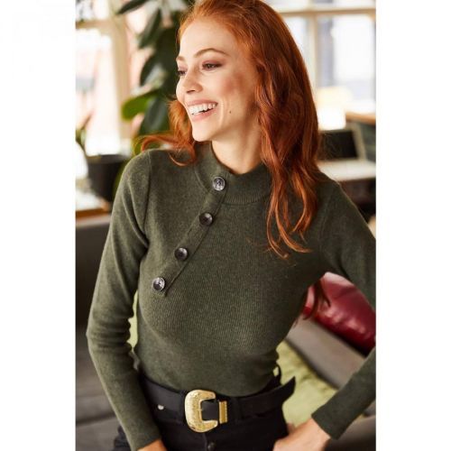 Olalook Women's Khaki Button Detailed Half Turtleneck Lycra Blouse