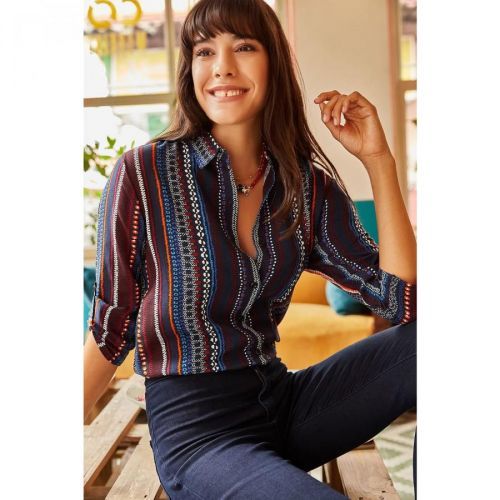 Olalook Women's Navy Blue Sleeve Fold Ethnic Patterned Shirt