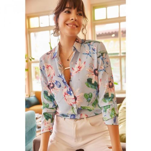 Olalook Women's Blue Pink Floral Shirt